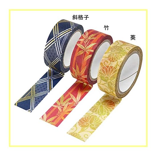 Kamiiso Sansho Made in Japan Washi Masking Tape, kimono-bi 3-roll set (Aoi, Bamboo, Diagonal Lattice