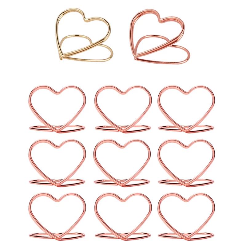 30Pcs Double Heart Shape Metal Memo Holder Triangle Table Placecard Holder Photo Clip Card Stand Wedding Banquet Heart Message Holder