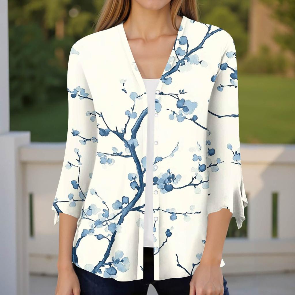 Moda Donna Blusa Cardigan Top Manica a Sette Parti Stampata Casual Ampia
