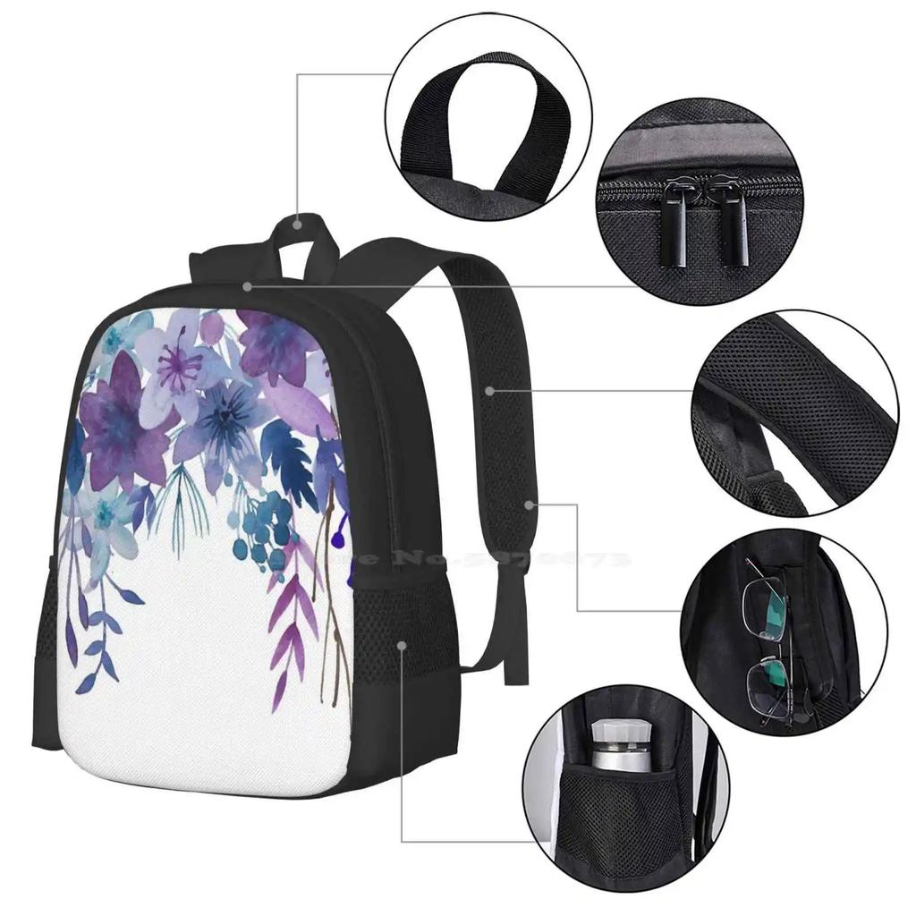 Blue Purple Flowers School Bag Big Capacity Backpack Laptop Watercolor Floral Bouquet Modern Wild Aquarel Purple Flowers Blue