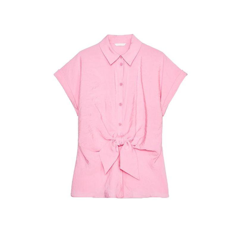 Summer New Women Clothes Single Row Multi-Buckle Comfortable Knot Decoration Short Sleeve Lapel Leisure Shirts Top 2298095