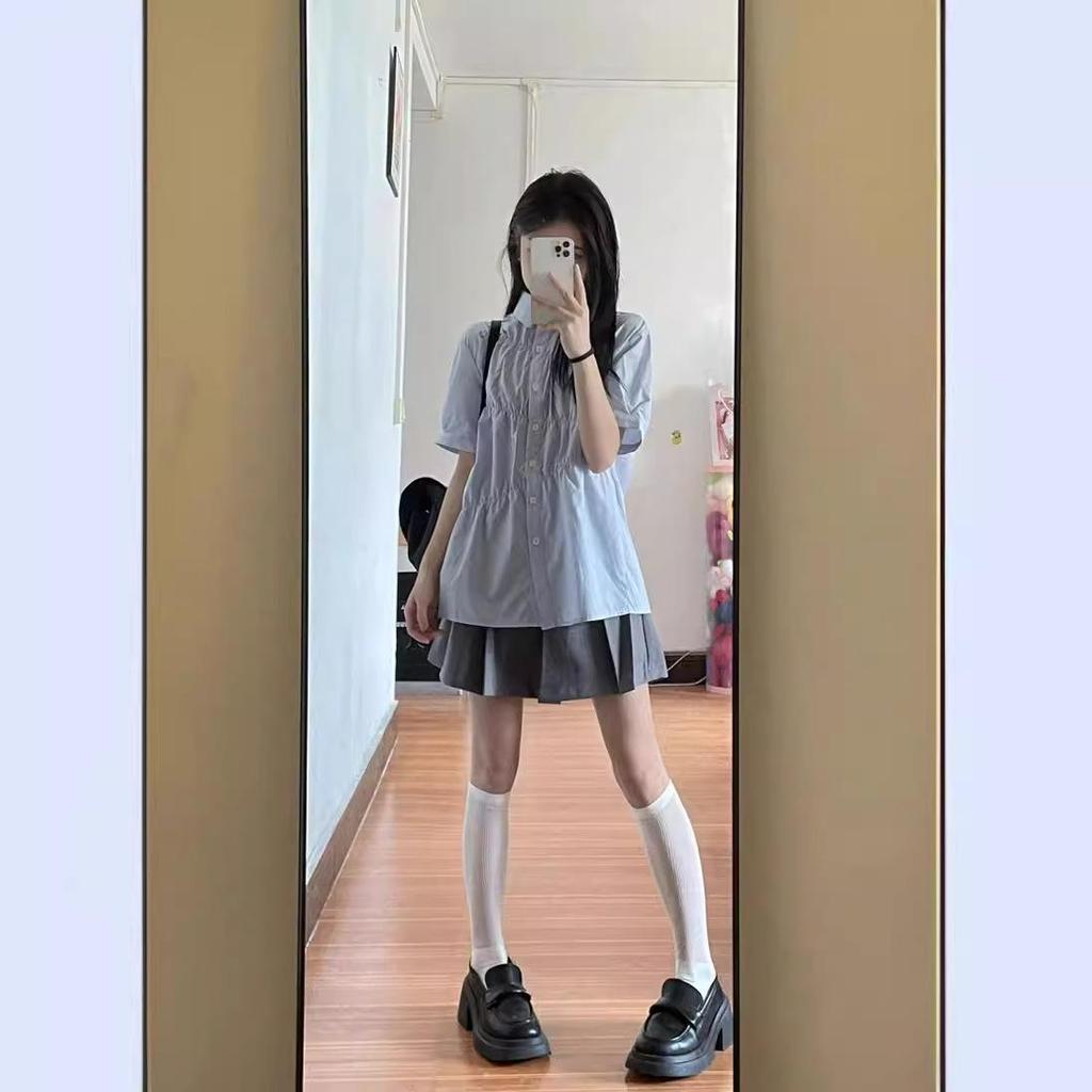 Women's Blue Short-Sleeve Preppy Blouse: Summer Sweet, Loose Fit, Korean-Style Ruffled Top