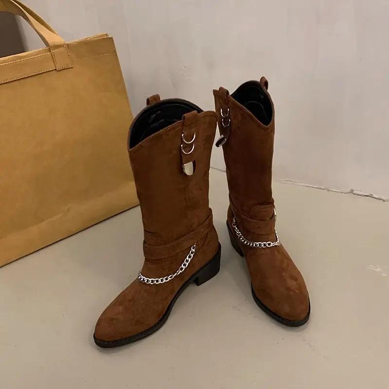 Fashion New in Sale Chain Belt Buckle Pointed Toe Mid Calf Shoes Woman Trend 2025 Chic and Elegant Gyaru 39 Half High Boots for Women