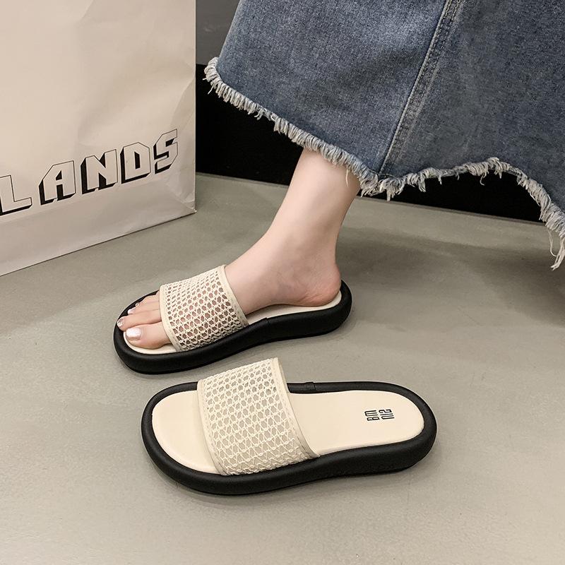 

Thick-soled slippers women s new summer outer wear woven breathable cool slippers one pedal deodorant beach one-word drag 41