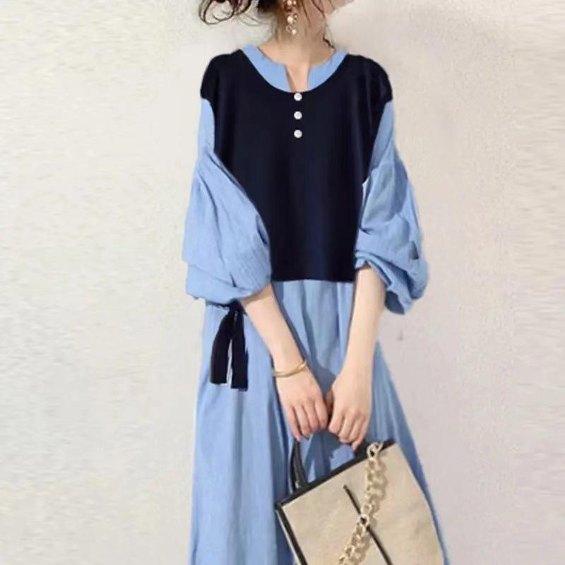 

Серия 2025 года, новое осеннее синее платье-рубашка, контрастный дизайн цвета, платье с эффектом сращивания one size fits all синий