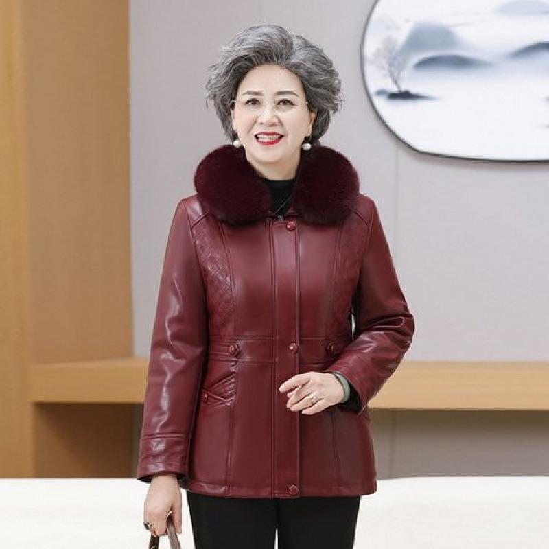 

Женская кожаная куртка Женская осенне-зимняя новая 0 кожаная куртка флис утолщенная кожаная хлопковая куртка 5XL [recommended 150-80kg] бордовый