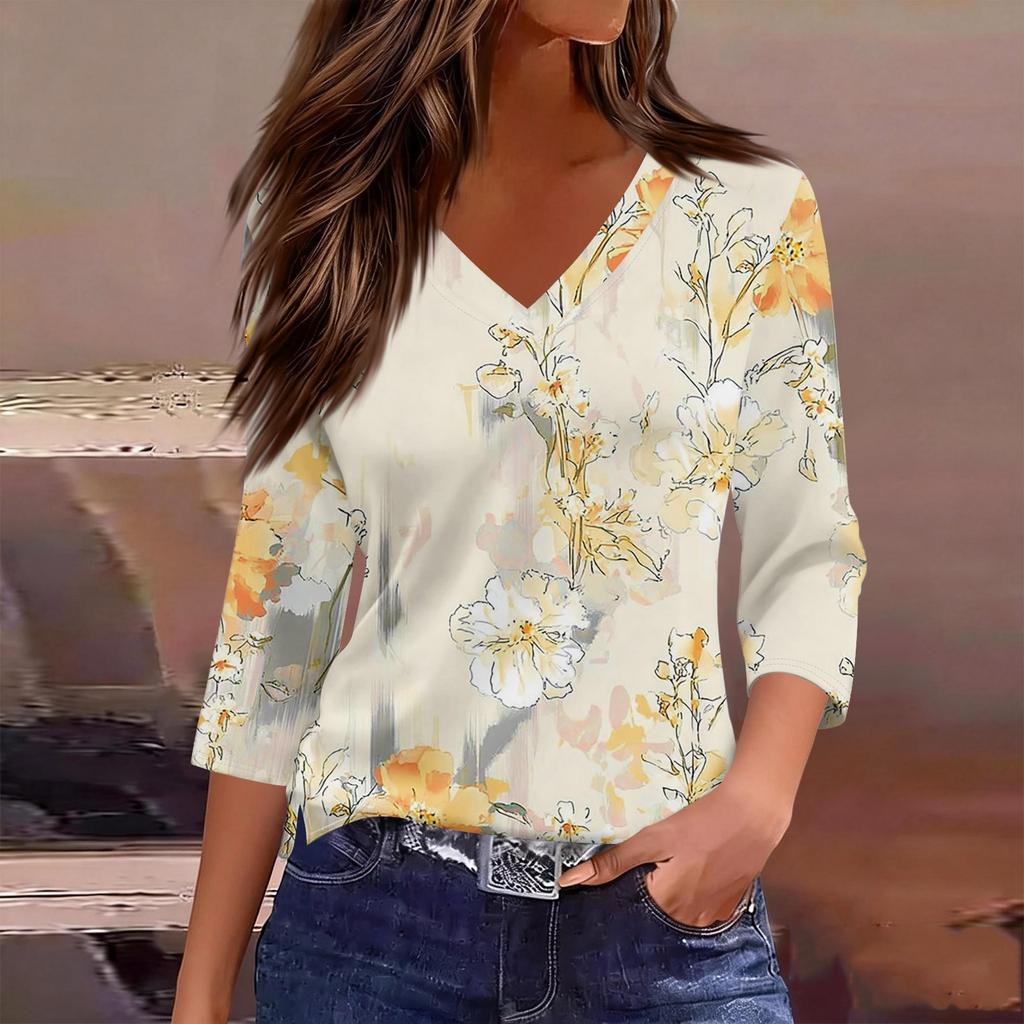 Women’s V Neck 3/4 Sleeve Blouse with Large Floral Print Relaxed Fit Lightweight Casual Top for Daily Wear