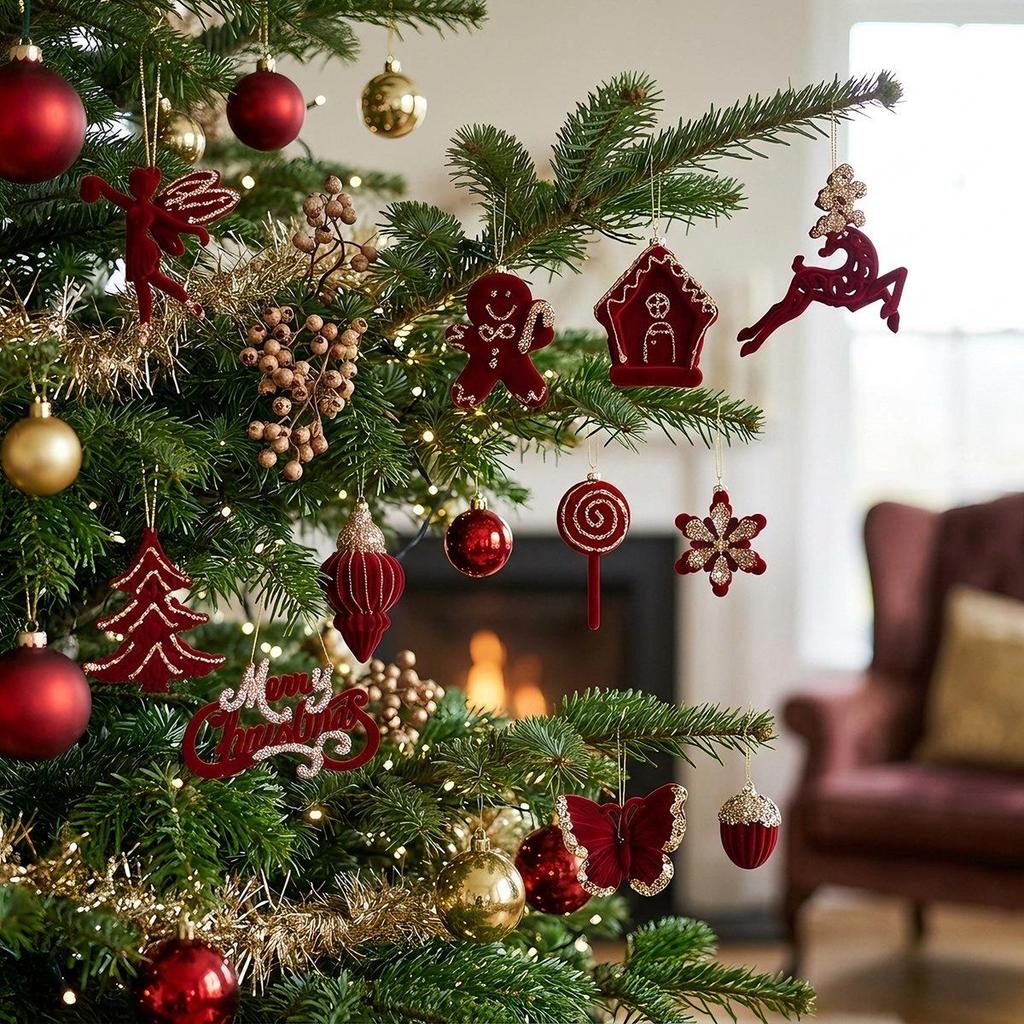 New Christmas Tree Red Flocking Ornaments and Bow Decorations