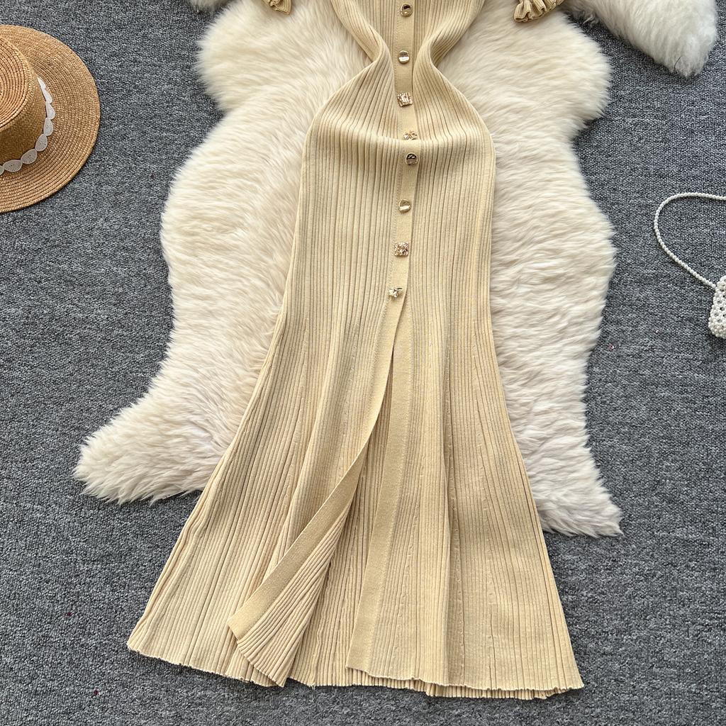 Summer Women V-neck Exquisite Gold Button Birthdays Party Knitted Sweater Long Slim Boycon Pencil Dresses
