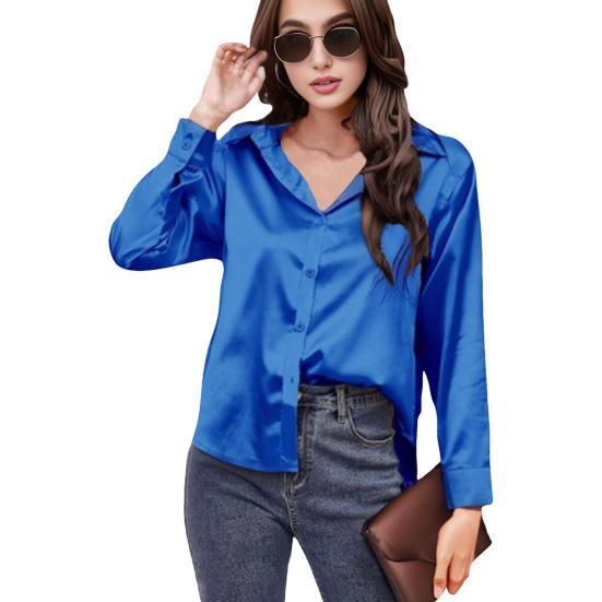 Women Shirt Lapel Long Sleeve Smooth Satin Shirt Tops Solid Color Loose Fit Casual Shirt Office Lady Shirt Daily Wear