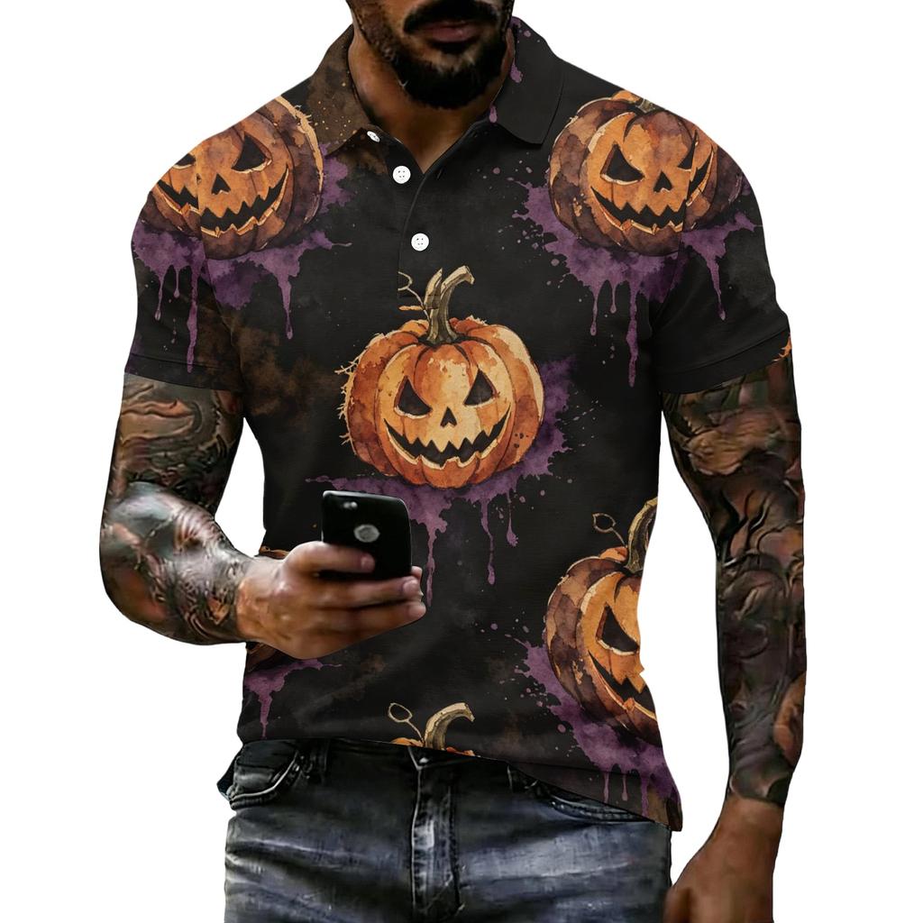 Men's Halloween Print Short Sleeve Polo Shirt Loose Casual Summer Daily Wear Top with Button Collar and Relaxed Fit for Outdoor Activities