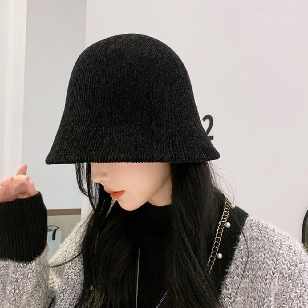 Chenille Women Panama Cap Solid Color Bucket Hat Elegant Knitted Fisherman Hat  Streetwear