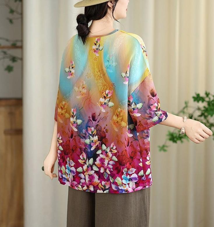 Women's Cotton Linen Printed T-Shirt Summer Thin Short Sleeve Loose Round Neck T-Shirt Top