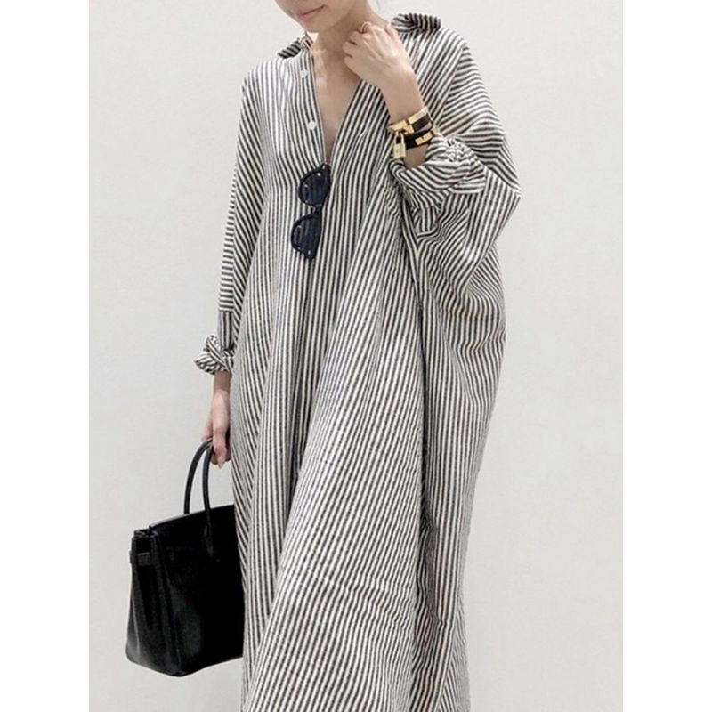 and South Korea Spring & Fall New Arrival Polo Collar Stripes Loose Hong Kong Style Loose and Idle Casual Long Sleeves Single-Breasted Shirt Dress