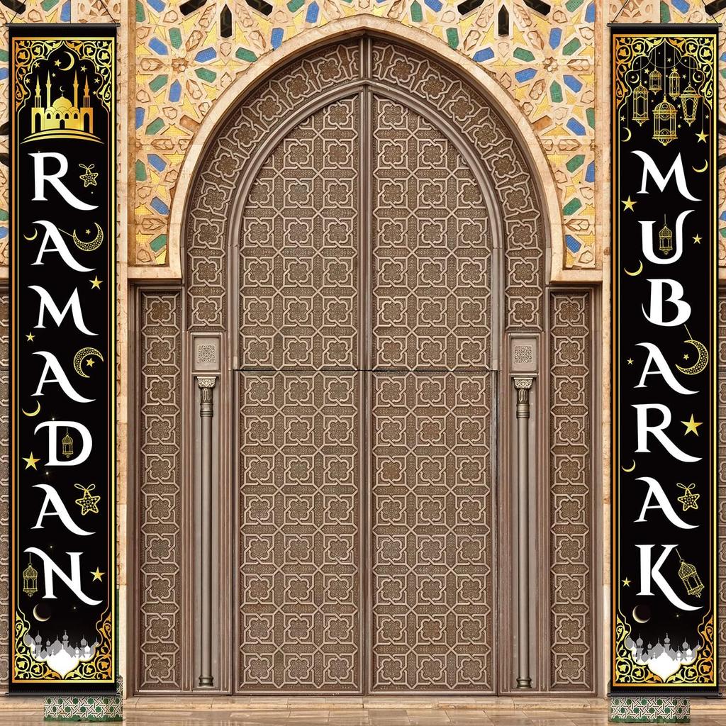 Blulu Ramadan Mubarak Door Banner Ramadan Porch Sign Banner Eid Mubarak Decoration Muslim Hanging Door Decoration for Indoor Outdoor Decor Eid