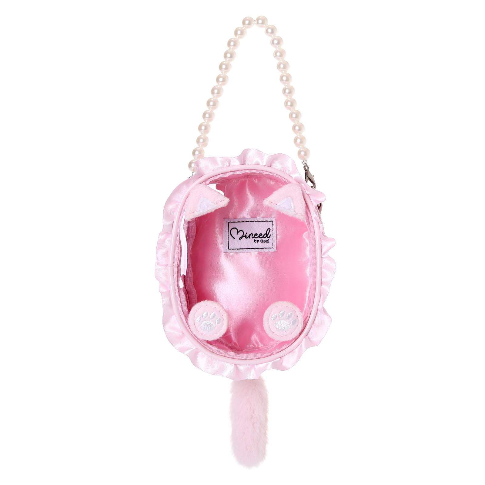Z25721 Mineed by Osel Cat Ear Plush Pouch, Small, with Pearl Strap, 5 Colors Available, 14cm x 10.5cm, for Stuffed Animal Storage (Pink)