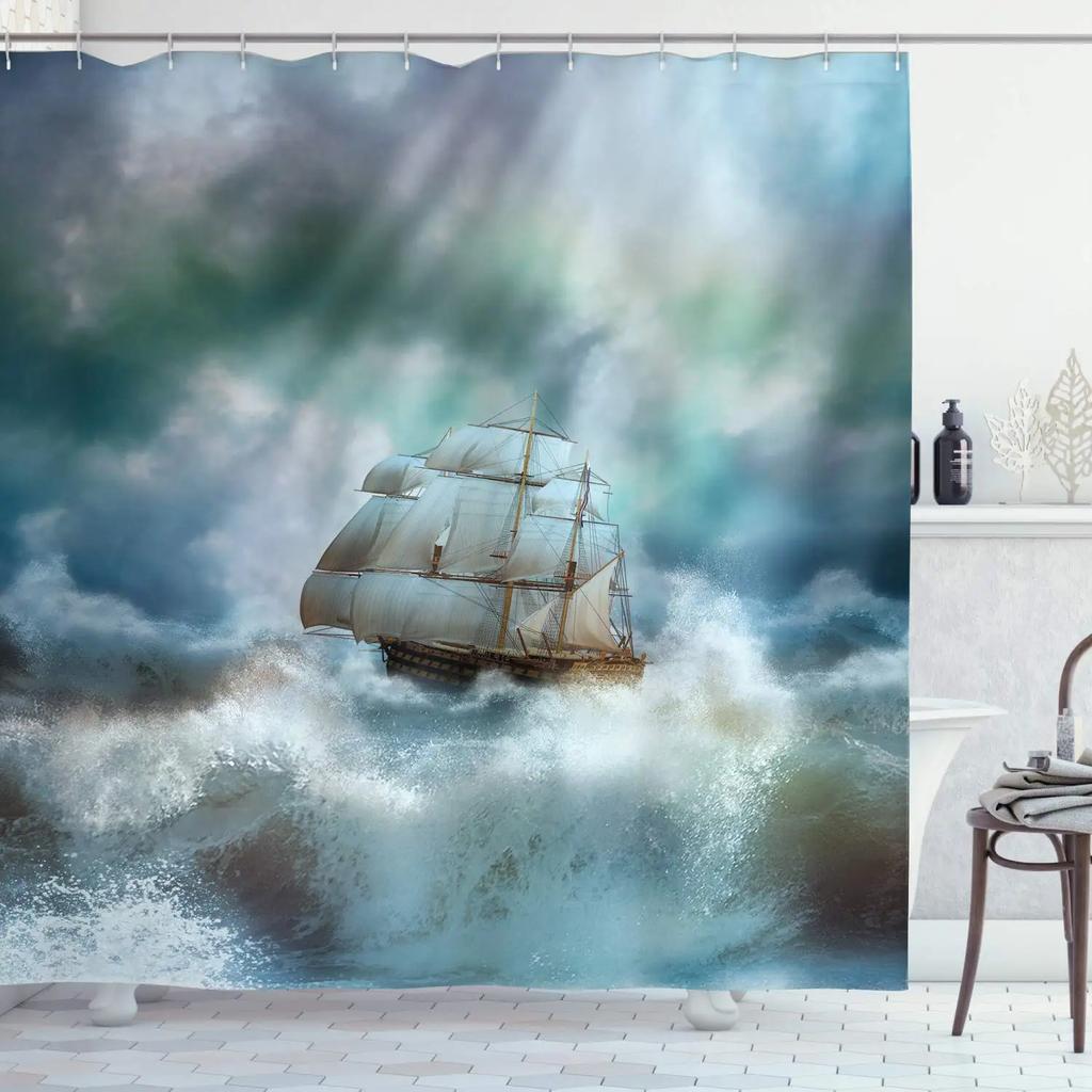 Pirate Ship Shower Curtain for Nautical Bathroom Fantasy Ocean Vintage Pirate Ship Bath Curtains Polyester Decor with 12 Hooks