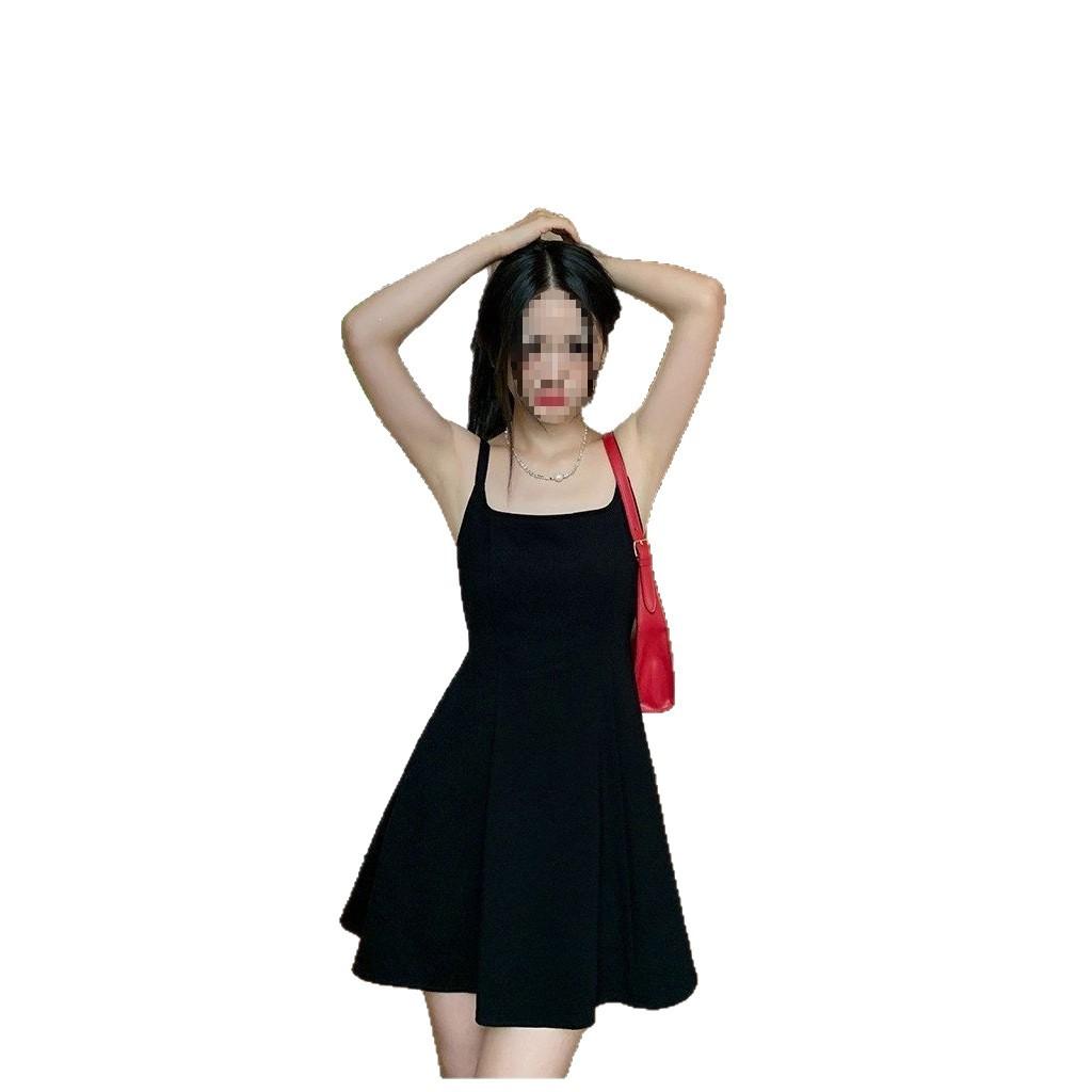 Black suspender dress women's summer new splicing high-end temperament waist skirt a-word short skirt