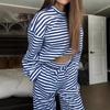 Women's Clothing Stripe Long-sleeved Top High-waist Trousers Fashion Casual Suit Women