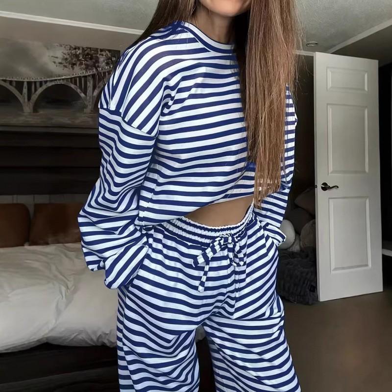 Women's Clothing Stripe Long-sleeved Top High-waist Trousers Fashion Casual Suit Women