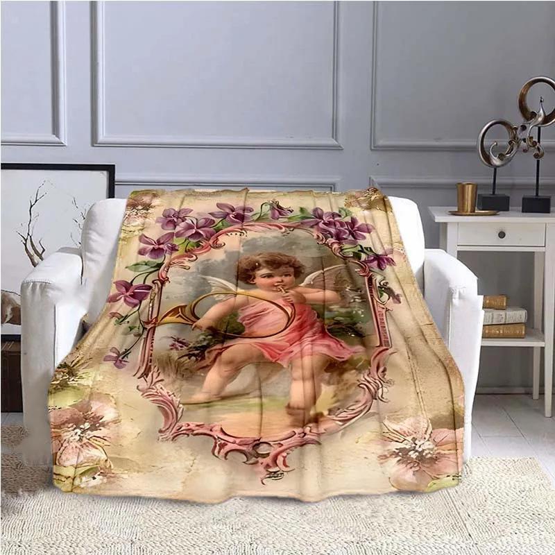 Cartoon Little Angel Pattern Printed Blanket for Travel Camping Living Room Office Conditioning Blanket for All Seasons Gifts