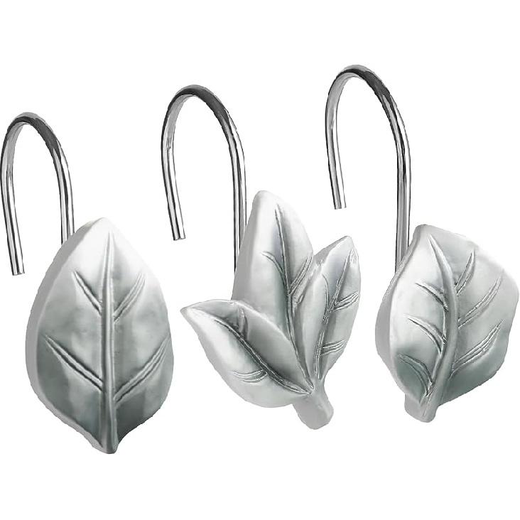 Gibelle 12 ST Blad Duschdraperikrokar, Grön Växtblad Dekorativa Duschdraperikrokar Metall Rostskyddad Söt Eukalyptus Duschdraperiringar
