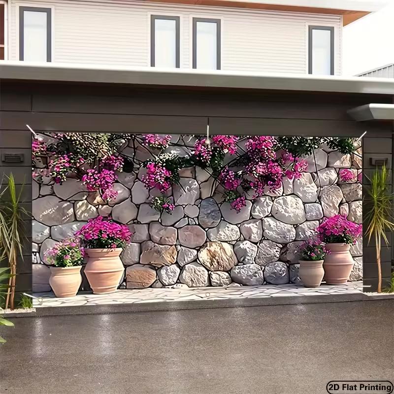 Arazzo Muro di Pietra Mediterraneo, Tessuto di Sfondo con Fiori di Bougainvillea Rosa, Decorazione per la Stanza