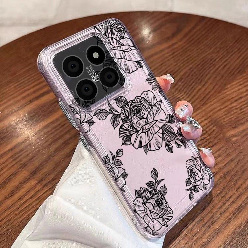 Black Line Floral Pattern Case For Xiaomi Redmi Note 15 Pro 4G Funda Redmi Note 14 13 Pro 5G Clear TPU Silicone Soft Cover