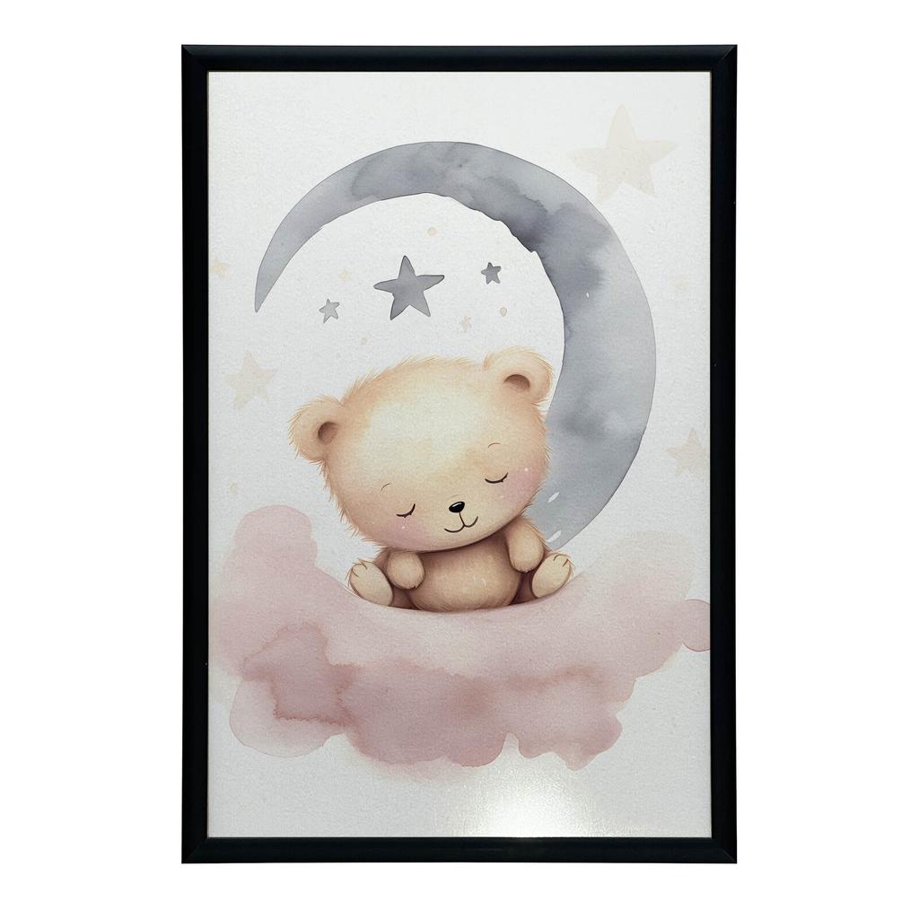 Śpiący Miś Na Różowej Chmurce Śpiący Miś Na Różowej Chmurce, 50X70 Cm, Rama Drewniana Ciemny Brąz, Papier Matowy 230 Gsm