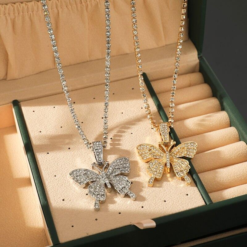 2PCS Gold-color and Silver-plated Necklace Small Fresh Butterfly Pendant with Full Diamonds Clavicle Jewelry