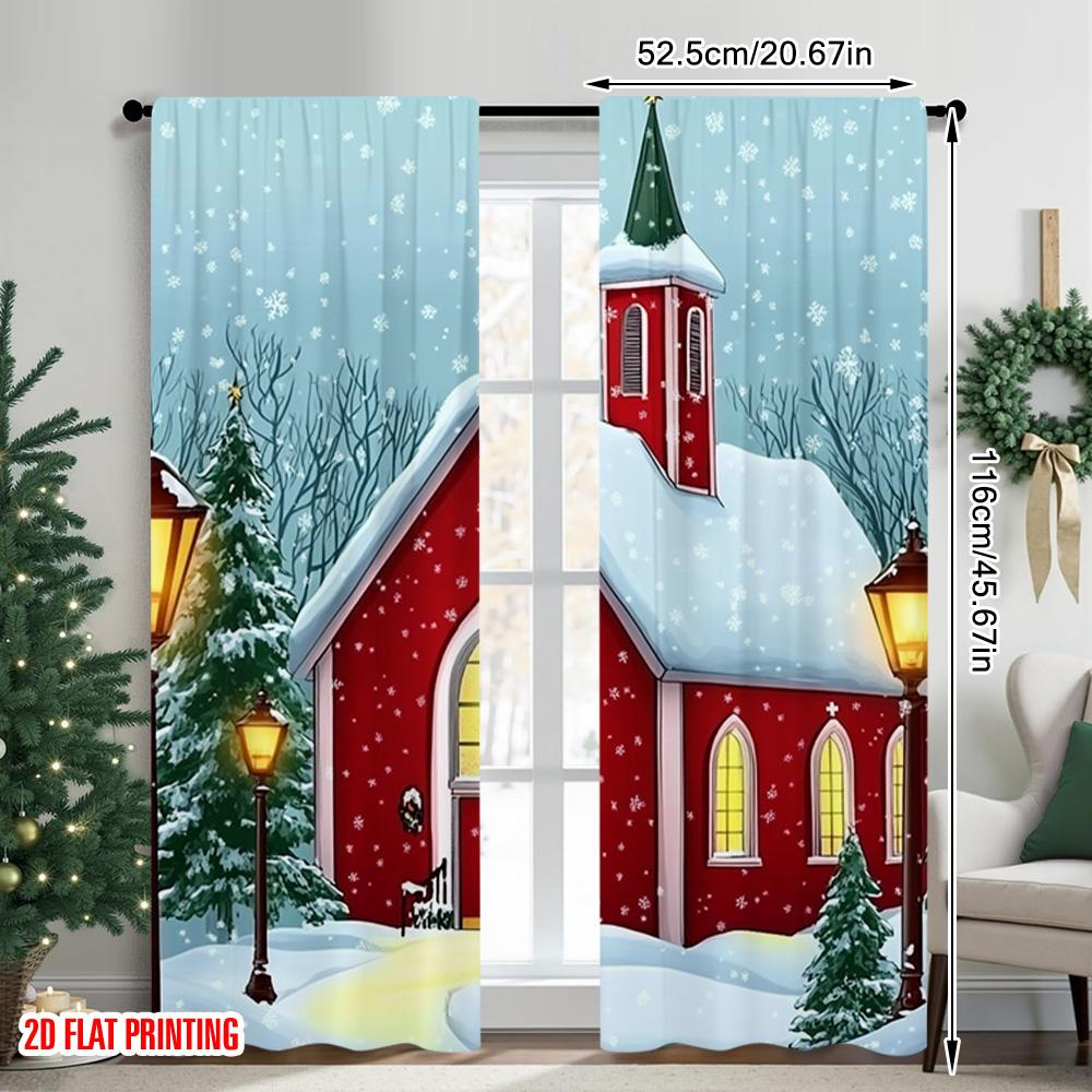2pcs 2D flat printing Merry Christmas Popular Party Window Curtains Festive Red Church with Snow Scenery Versatile Polyester