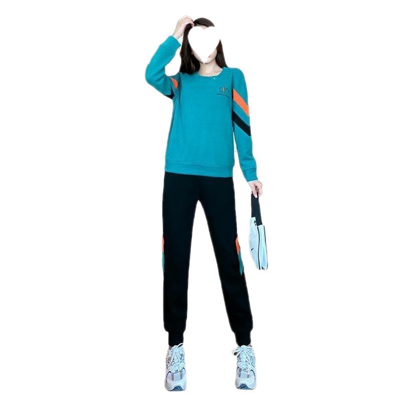 Round Neck Sports Suit for Women, Spring and Autumn Korean Style Fashionable Loose Sweatshirt, Western Style Casual Wear Two-piece Set