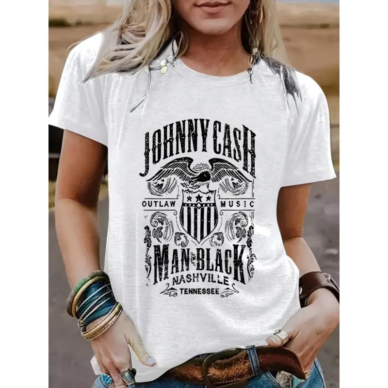 Women's Casual and Fashionable T-shirt with An Eagle Letter Pattern Round Neck and Short Sleeve