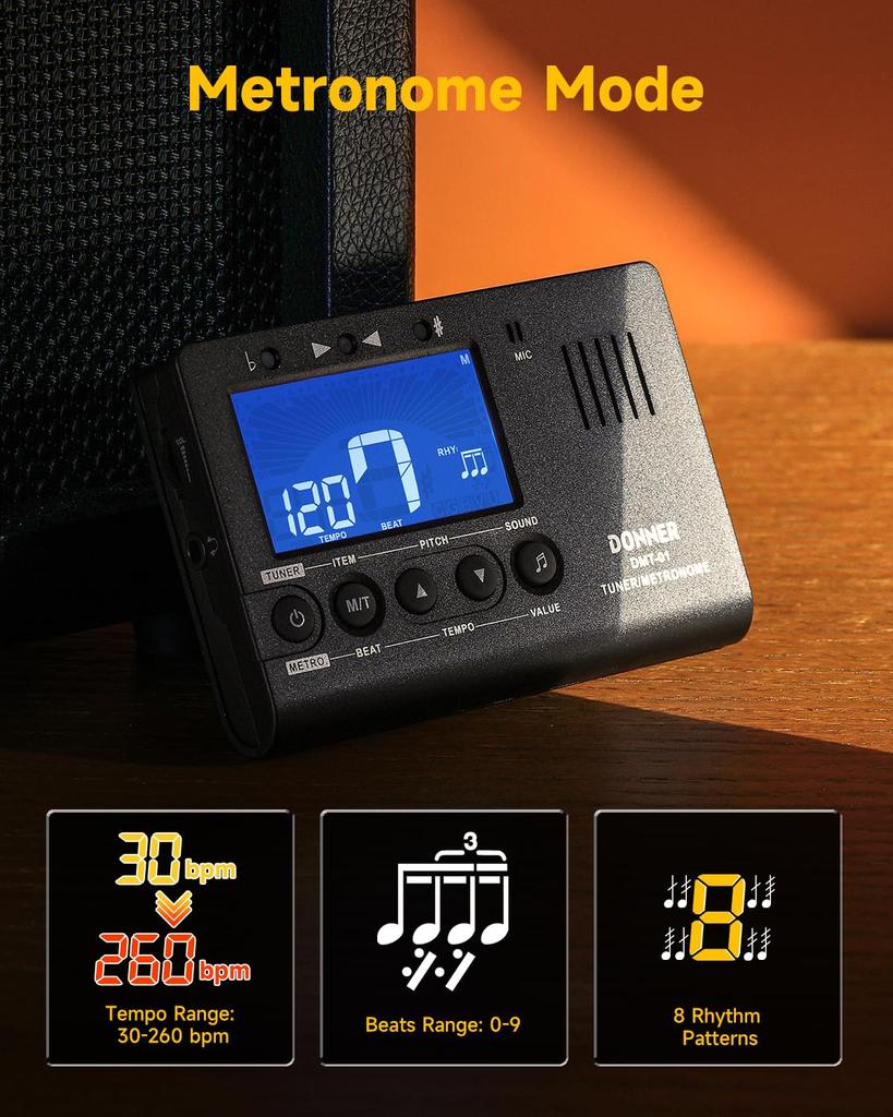 Donner Digital and Tone Generator for and Chromatic Instruments DMT-01 3-in-1 Metronome, Tuner, Guitar, Piano, Trumpet,