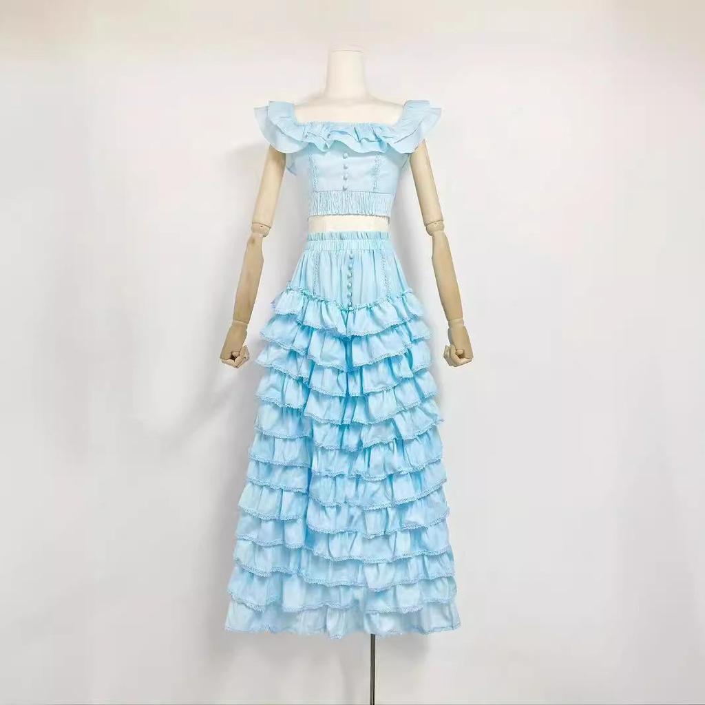 Elegante Completo Estate 2024 con Top a Scollo Quadrato e Gonna Lunga a Strati per Donna