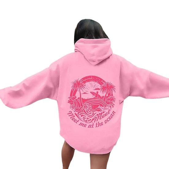 

Женская толстовка с капюшоном на осень и весну Everything Comes in Waves, розовый спортивный топ с длинными рукавами и графикой, свободный повседневный пуловер с карманом S розовый