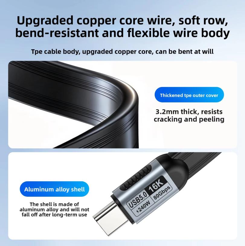 USB5 Type-C Double Head FPC Flat Wire USB Cable 543 80G High Speed 16K Screen 240W Fast Charge Customizable Length PVC 12 Months