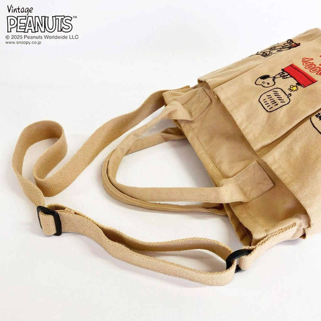 Snoopy Embroidered Small Tote Bag with Shoulder Strap IP Deli Pockets Peanuts 0C 8421 [Rootote] (01 Ivory)