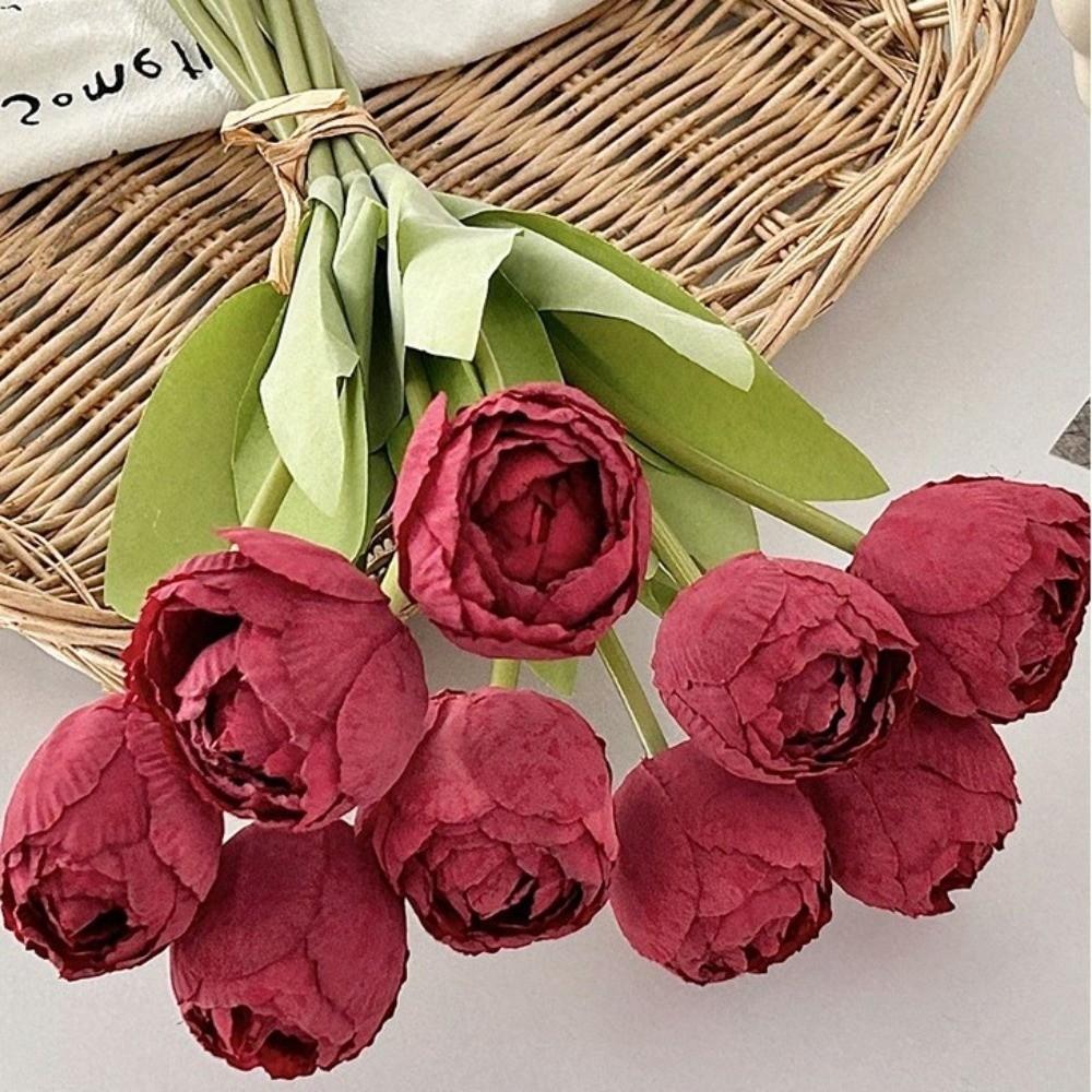 9pcs/bunch Silk Artificial Tulip 39cm Fake Flower Realistic Faux Tulip Bouquet Home