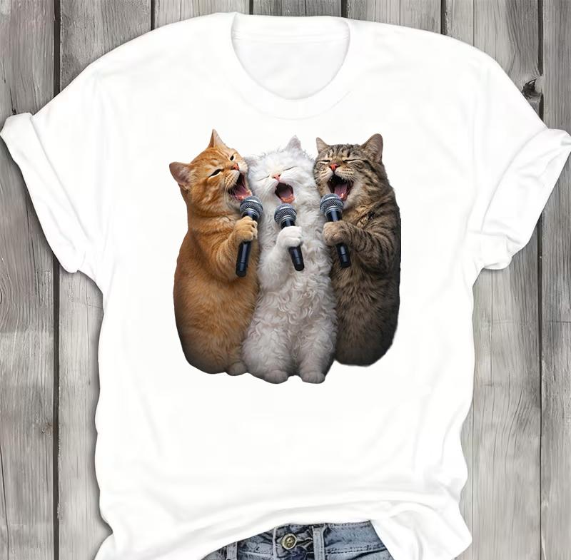 Three Singing Cats Cartoon ShortSleeve Shirt Womens ShortSleeve Shirt Comfortable Home Street Style ShortSleeve Shirt Y2Ktop S