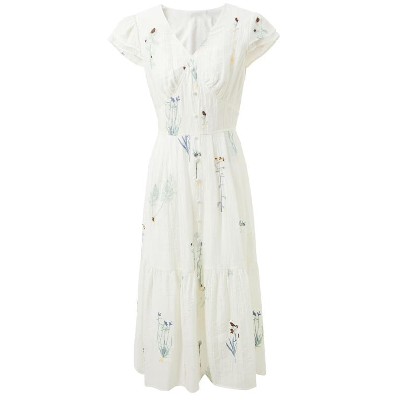 Sancai Summer French Romantic Embroidered V-Neck A-Line Maxi Dress M
