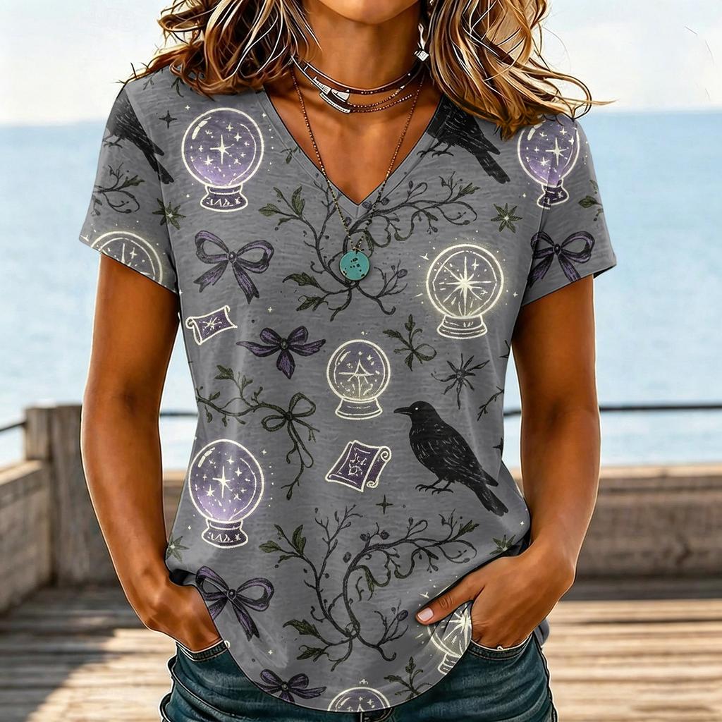 Women's Casual V-Neck Halloween Printed T-Shirt for Holiday Party and Everyday Wear