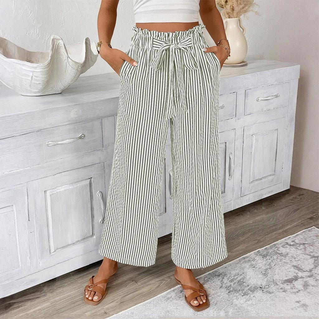 Women's Fashionable Striped Strap Pocket Elastic Waist Straight Leg Casual Pants