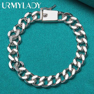 Pulsera de plata de ley 925 con cadena lateral de 10 mm y hebilla cuadrada, joyería de moda