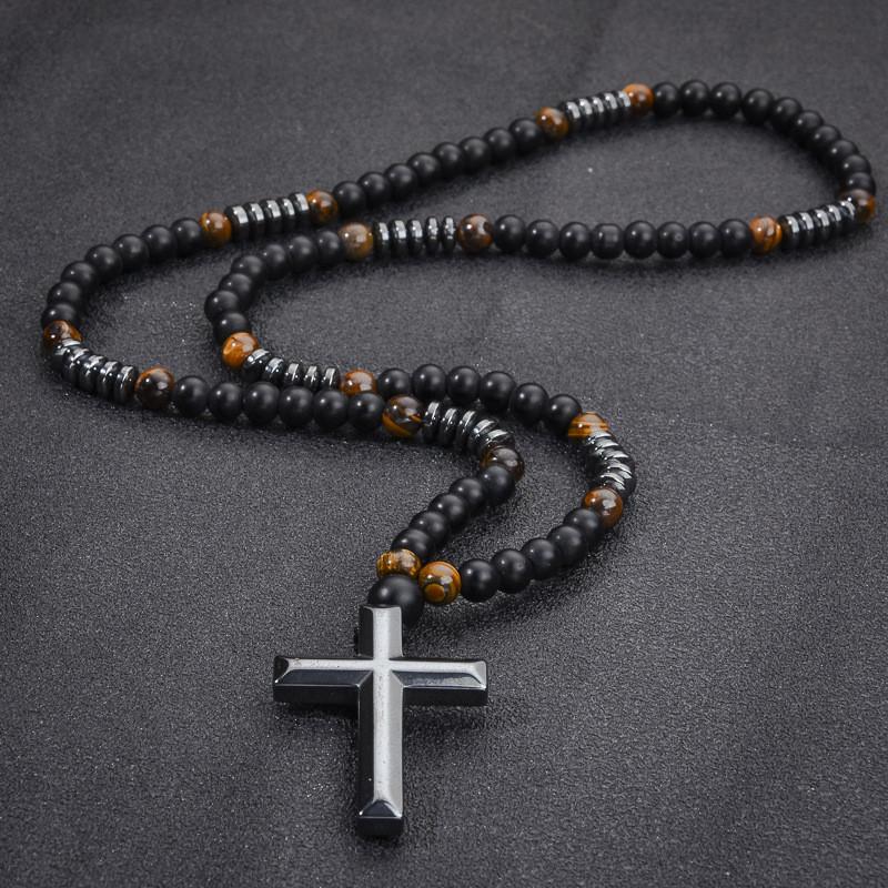 Obsidian Tiger Eye Hematite Cross Beaded Necklace For Men Fashion Accessory