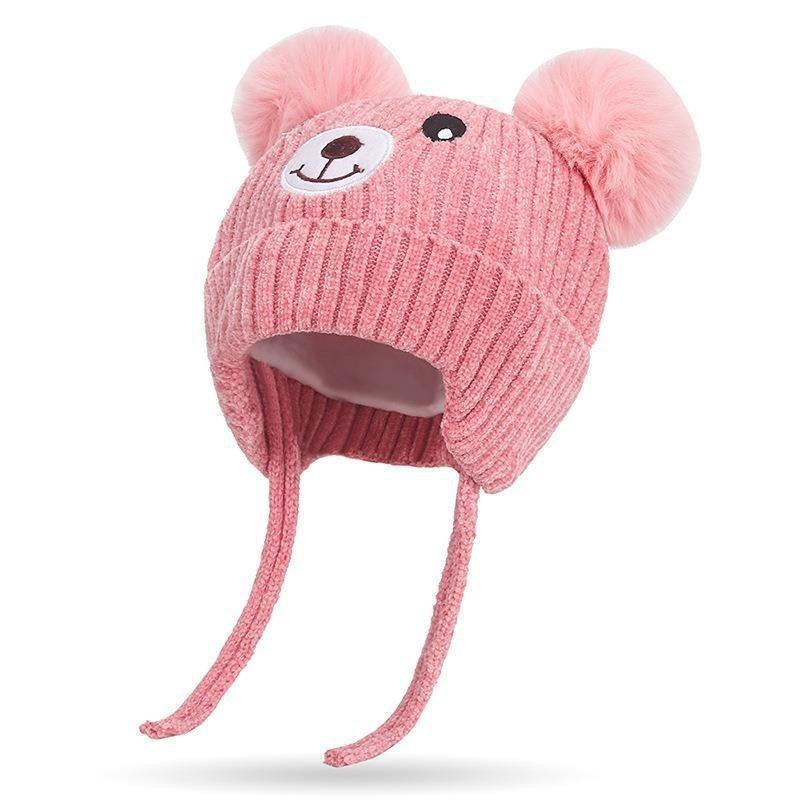 Winter Cute Bear Warm Ear-Covering Fleece-Lined Knit Hat Korean Style Baby Hat with Pom-Pom