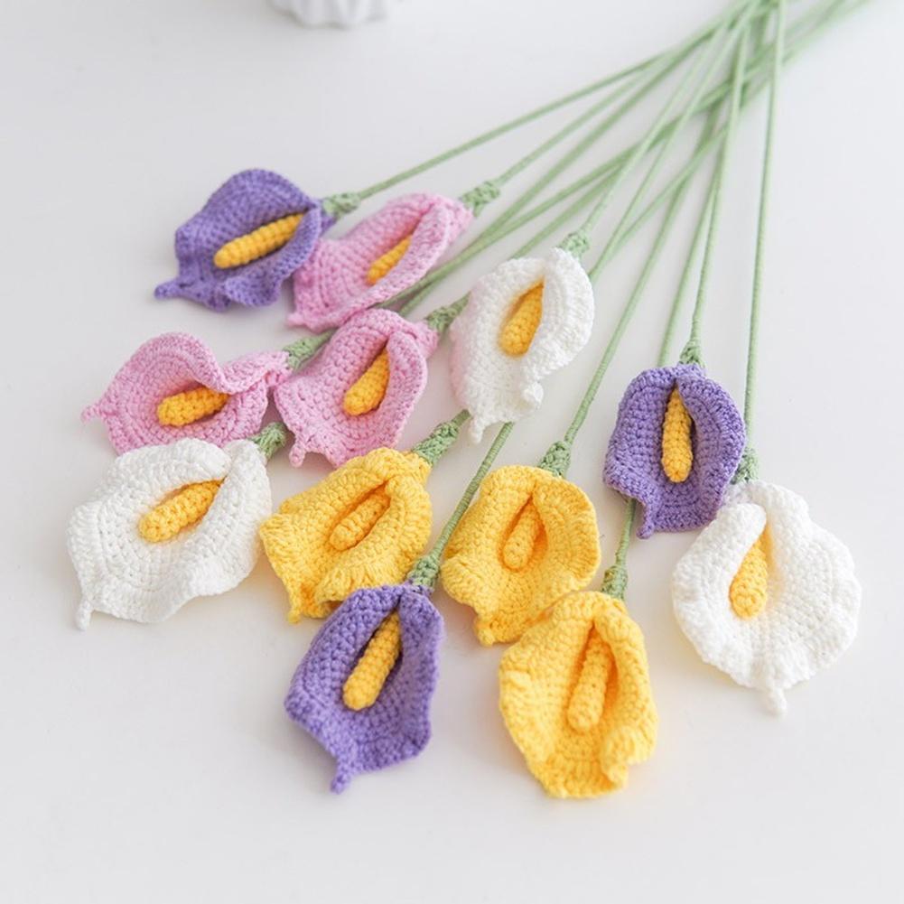 Handmade Crochet Calla Lily Flower Bouquet Artificial Floral Arrangement for Home Decor and Office Styling with Dried Flowers