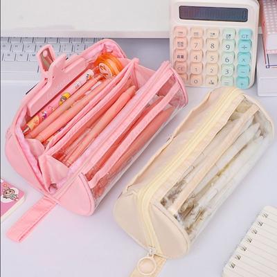 PVC Transparent Pencil Case Standing Organizer Large Capacity Pencil Bag Dirt Resistant Multi-functional Zipper Pencil Case