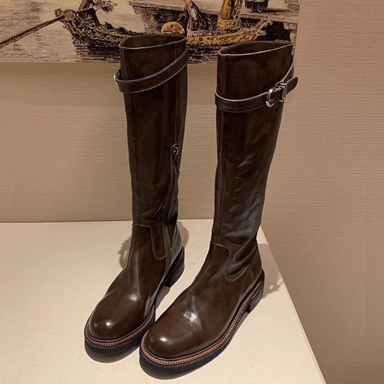 2025 New Retro Style But Knee Boots Round Head Knight Boots Thick Heel Metal Belt Buckle Slim Straight Boots
