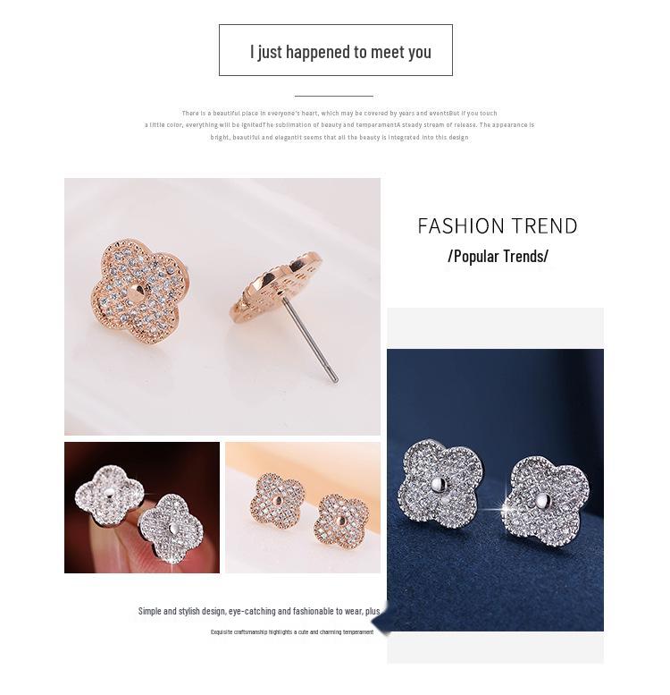 Micro Four-Leaf Clover Copper Needle Ear Studs with Rhinestones - Sweet, Girly Jewelry Niche Earrings In Stock